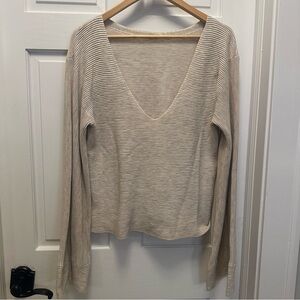 Free People Large Starman V neck Pullover Ribbed Sweater with Bell Sleeves (C)